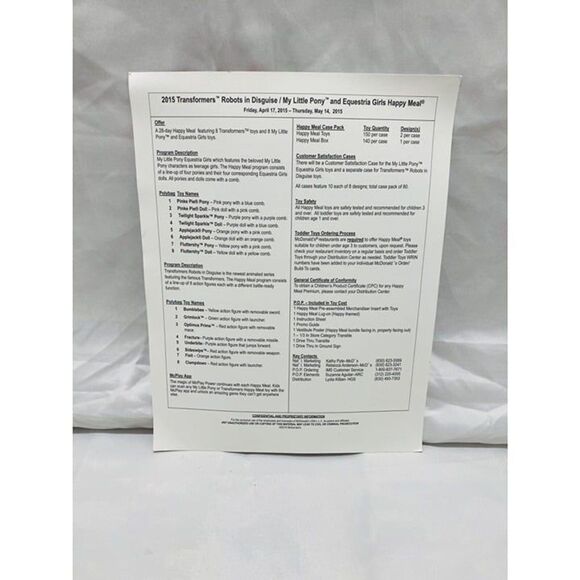 2015 McDonald's My Little Pony and Transformers Happy Meal Advertisement Sheet - Picture 6 of 9